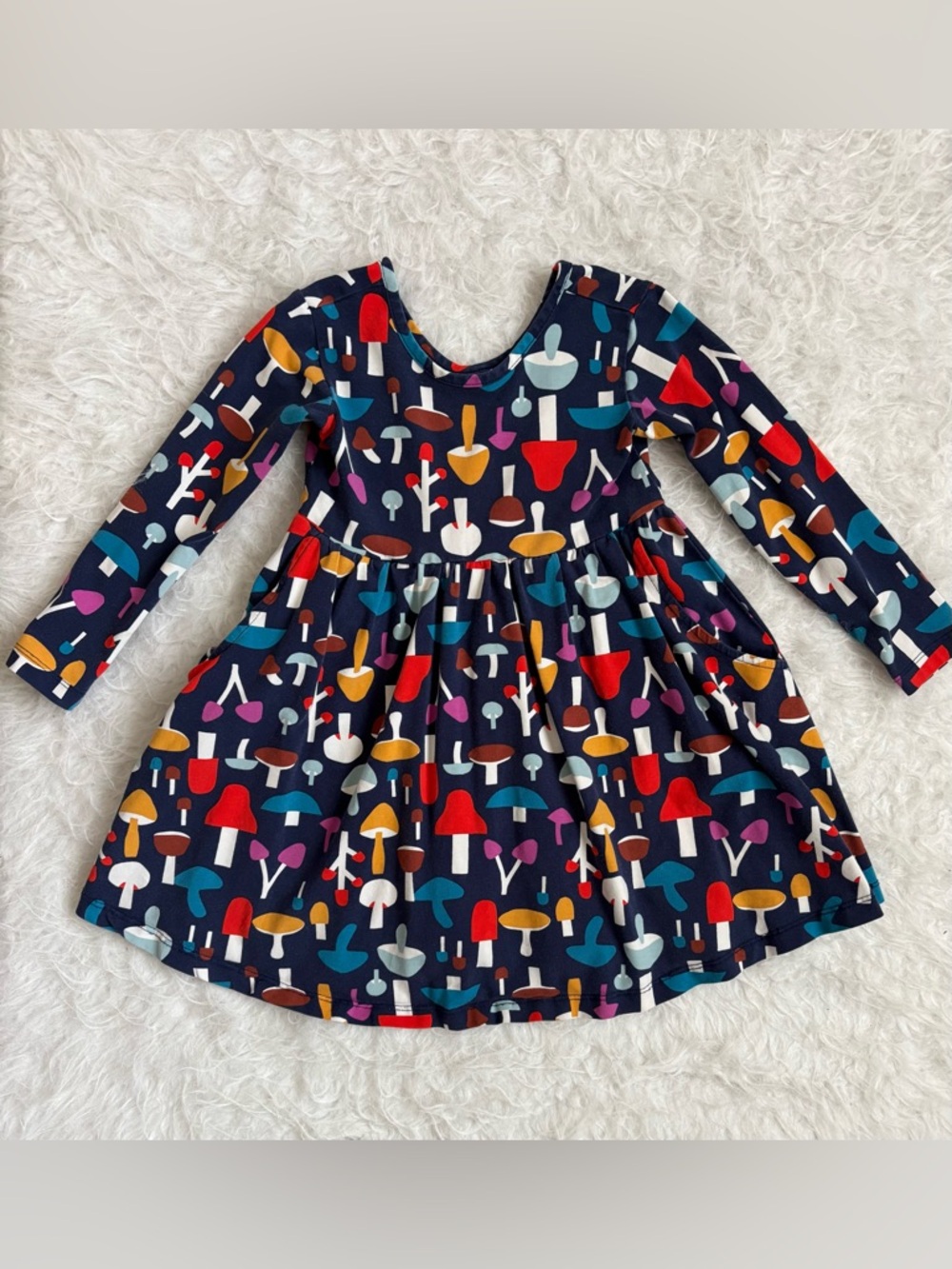 Hanna Andersson Cottagecore Navy Dress with Colorful Mushroom AOP